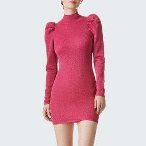 Alice + Olivia Issa Turtleneck Puff-Sleeve Dress in hot pink metallic
